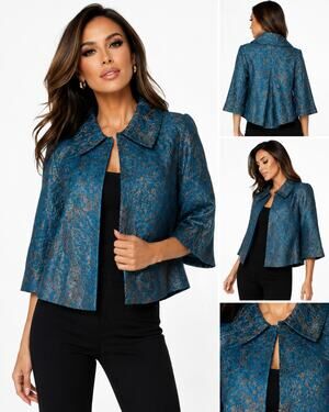 CAbi Lisboa Topper Jacket Womens XS Teal Silver Jacquard Wool Blend Cape #168